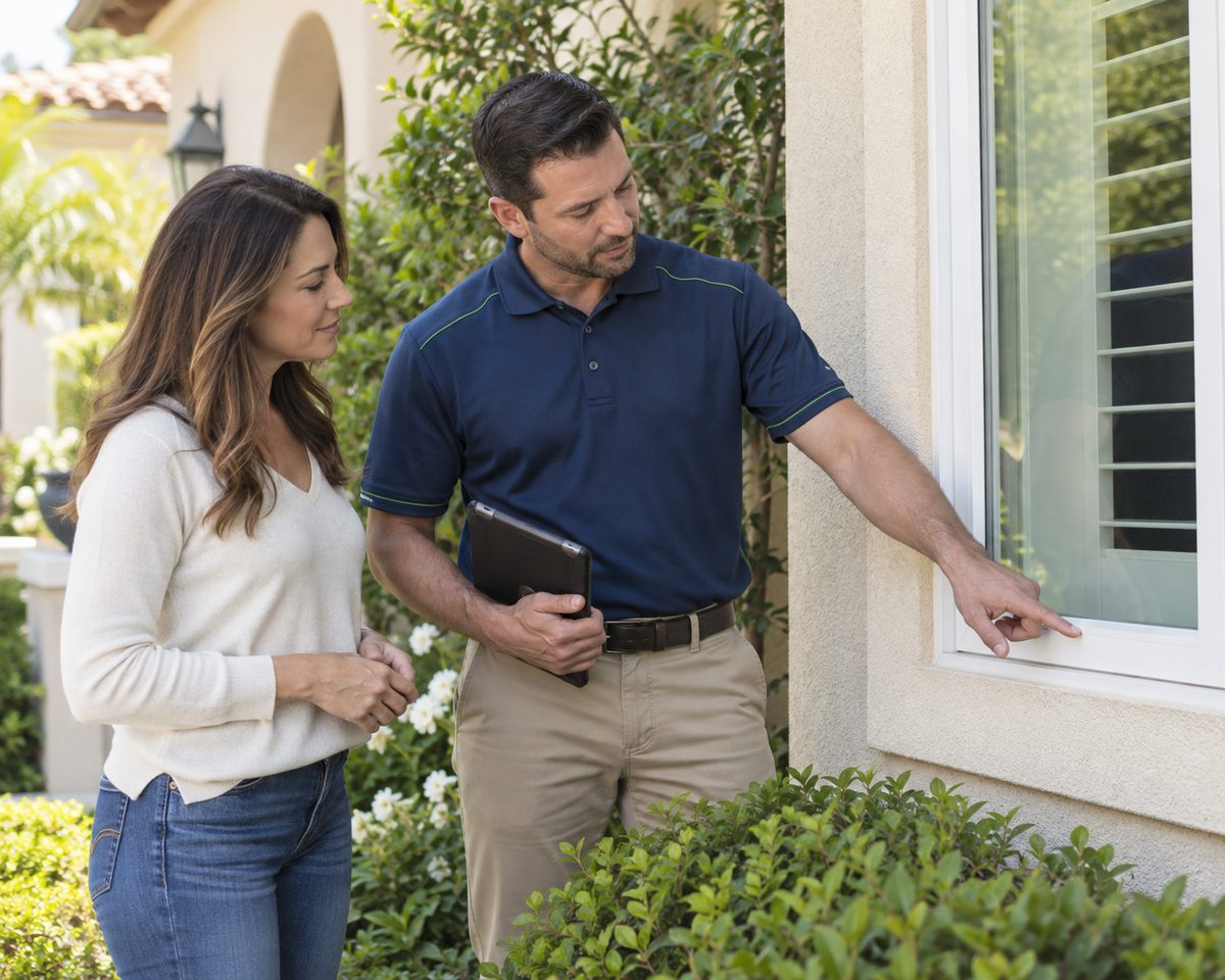 Illustrative scene of a technician discussing a home exterior inspection with a homeowner.